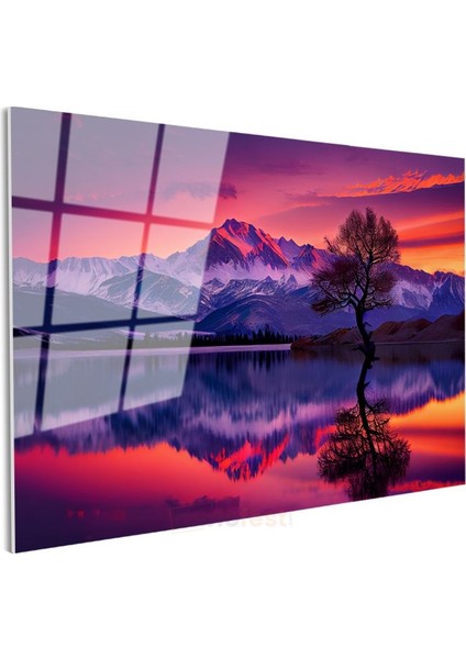 Alacakaranlık Dağları - Mor Gökyüzü Altında Yalnız Ağaç Cam Tablo modelleri