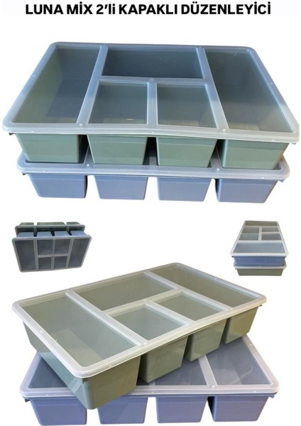 2'li Renkli Luna Set, 5 Bölmeli Çekmece Içi Düzenleyici, Kapaklı Organizatör