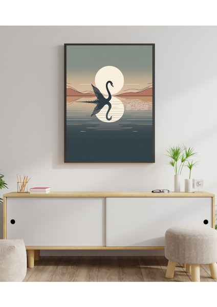 Metal Çerçeveli Gerçek Camlı Tablo Kuğu Silüeti