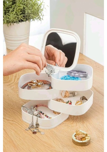 Aynalı 4 Katlı Dönebilen Takı ve Makyaj Organizeri Beyaz