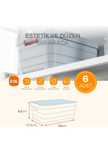 6'lı Kapaklı 2,8 Litre Saklama Kutusu Bej