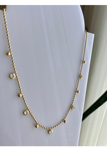 Yuvarlak Taşlı Çelik Gold Kolye