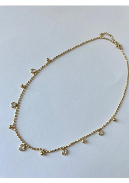 Yuvarlak Taşlı Çelik Gold Kolye