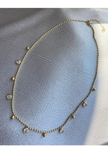 Yuvarlak Taşlı Çelik Gold Kolye