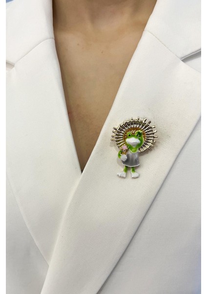 Altın Rengi Şapkalı Çiçek Detaylı Kurbağa Broş (4cm)