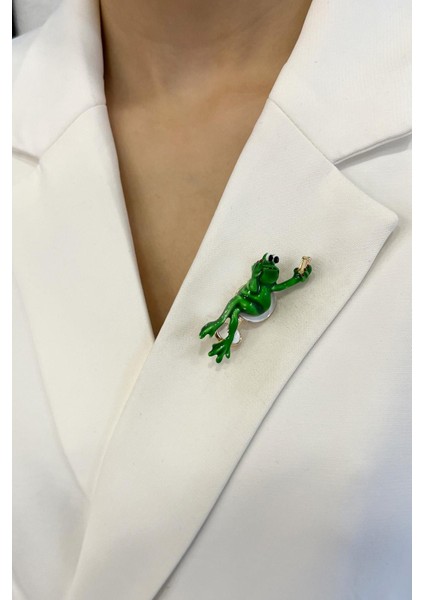 Oturan Yeşil Kurbağa Broş (Ölçü:5cm)
