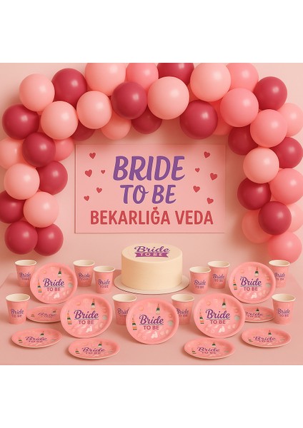 Bride To Be Pembe Çiçek Desenli 8 Kişilik Tabak Bardak Seti Bekarlığa Veda Partisi Süsleri