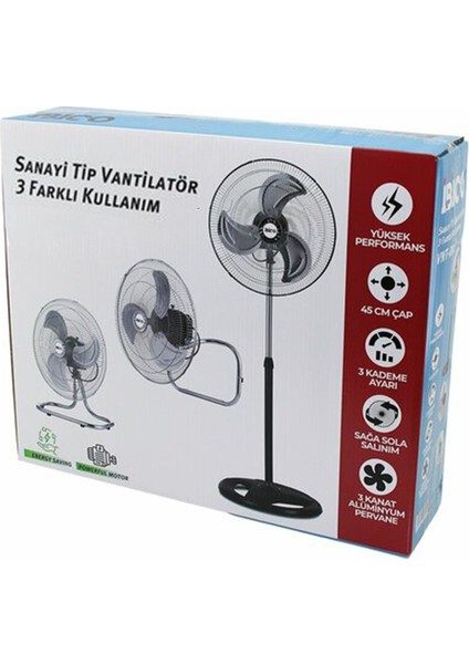 3in1 Sanayi Tipi Vantilatör 45CM – Duvara Monte, Ayaklı, Masaüstü 75W 3 Kademeli