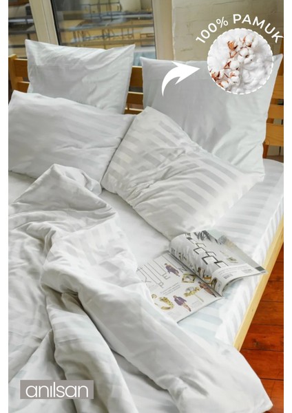 Çizgili Tek Kişilik Lastikli Çarşaf Düğmeli Nevresim Takımı %100 Pamuk 1 Adet Yastık Kılıfı,83tel