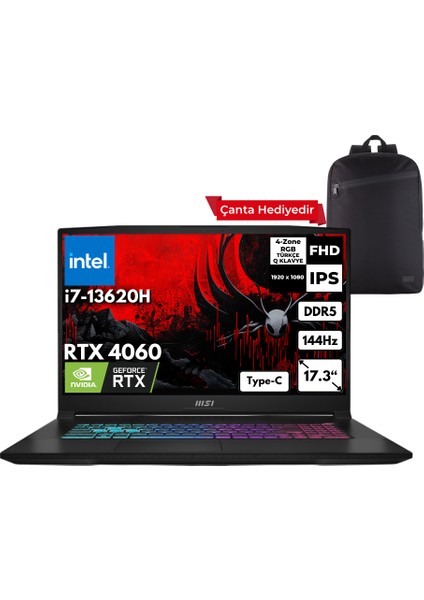 Msı Katana 17 I7-13620H 48 -Gbddr5 1 Tbssd RTX4060 (8GB-105W) 17.3" Fhd 144Hz Freedos + Sırt Çantası B13VFK-1037XTRHMF4