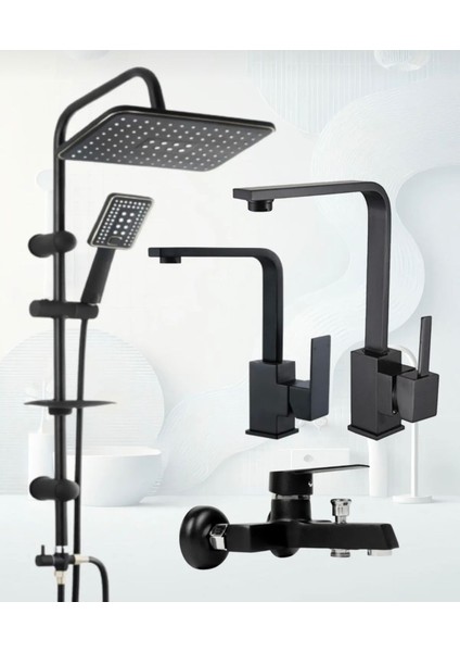 Siyah Robot Duş Seti , Lux Kare Eviye , Lavabo , Banyo Bataryası 4’lü Set