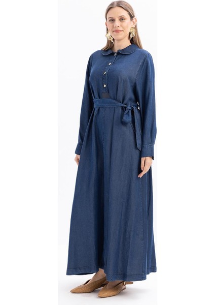 Koyu Mavi-Yarım Patlı Kuşaklı Denim Elbise fiyatları