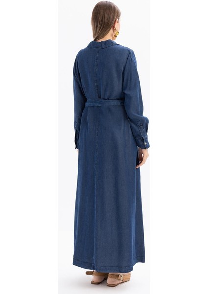 Koyu Mavi-Yarım Patlı Kuşaklı Denim Elbise modelleri