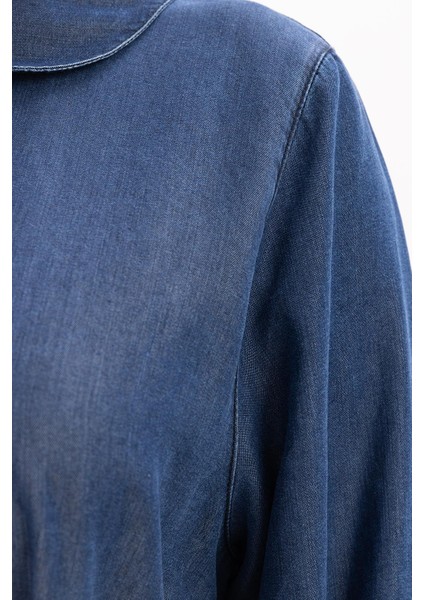 Koyu Mavi-Yarım Patlı Kuşaklı Denim Elbise fırsatları