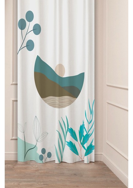 Manzara Yaprak Turkuaz Bohem Desenli Özel Tasarım Dijital Baskılı (Tek Kanat) Modern Şık Fon Perde