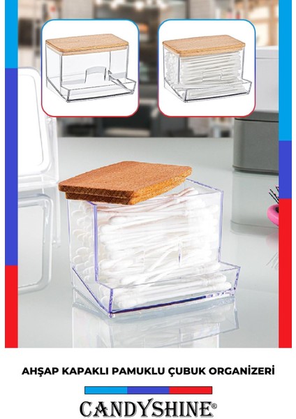 Ahşap Kapaklı Pamuklu Çubuk Düzenleyici, Şık ve Modern Tasarım, 1 Adet Şeffaf