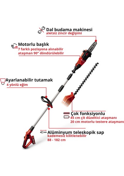Akülü Çok Fonksiyonlu Budama GE-HC 18 Li T Kit (18V, 3Ah, 2'si 1 arada çit budama makinesi ve motorlu testere, Oregon kılavuz, akü ve şarj cihazı dahildir) - 3410805