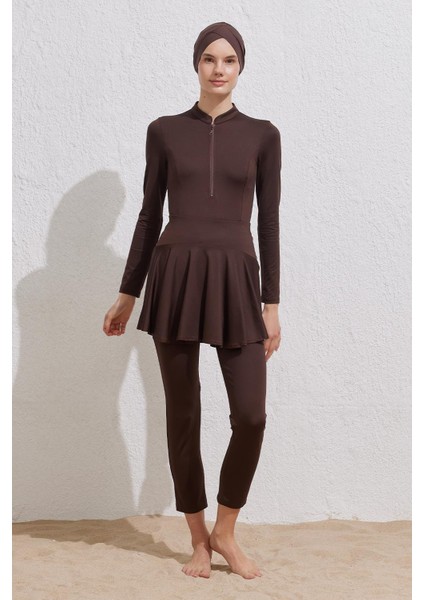 Tesettür Mayo Boru Paça Pantolon Kahve