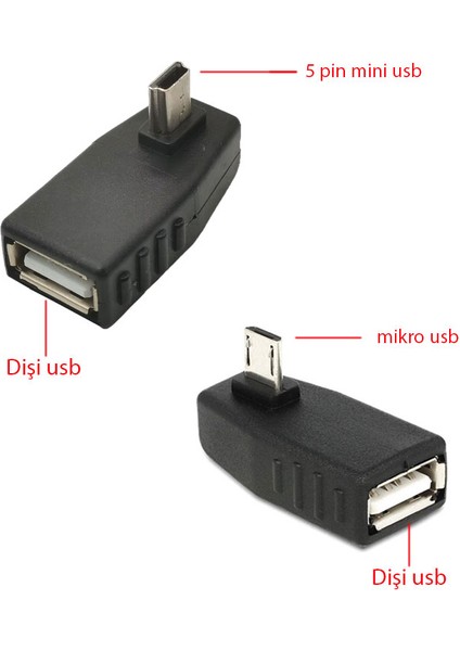 Mikro USB Otg -Mini USB Otg Mikro Erkek USB Dişi Mini Erkek USB Dişi 2'li Set