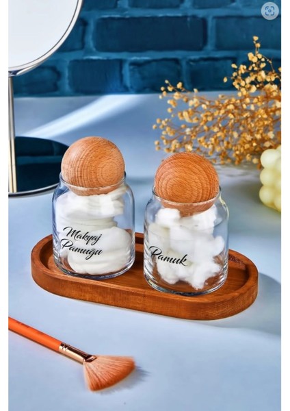 Iki Parçalı Ahşap Standlı Top Kapaklı Makyaj Pamuğu ve Pamuk Organizatörü