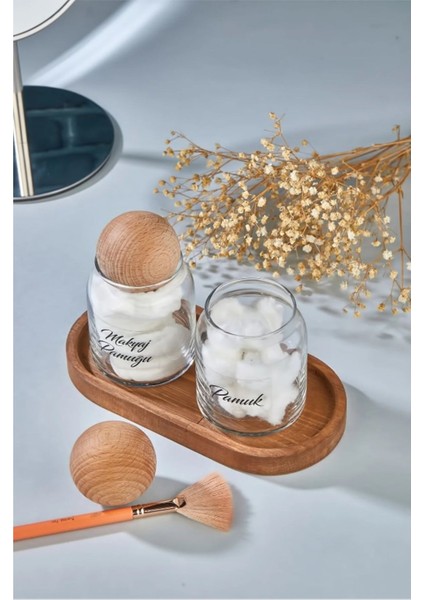 Iki Parçalı Ahşap Standlı Top Kapaklı Makyaj Pamuğu ve Pamuk Organizatörü modelleri