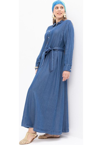 Açık Mavi-Yarım Patlı Kuşaklı Denim Elbise