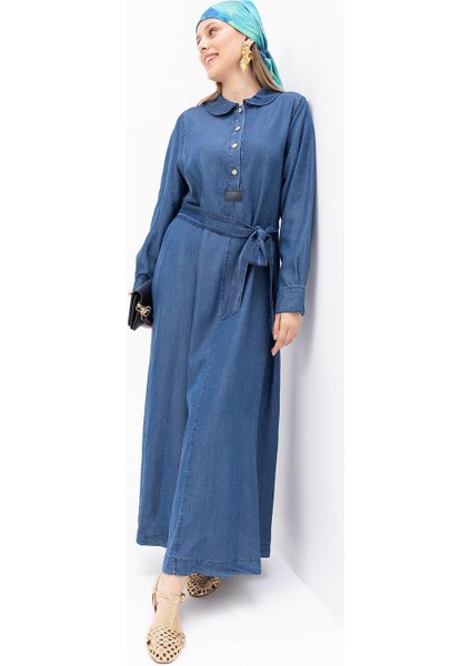 Açık Mavi-Yarım Patlı Kuşaklı Denim Elbise fiyatları