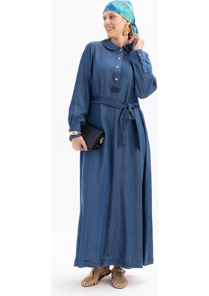 Açık Mavi-Yarım Patlı Kuşaklı Denim Elbise modelleri