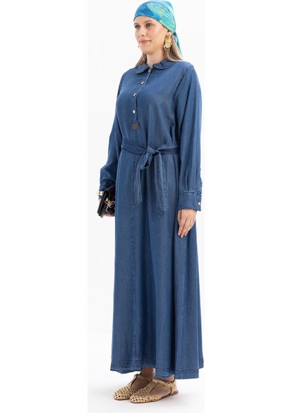 Açık Mavi-Yarım Patlı Kuşaklı Denim Elbise fırsatları