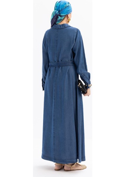 Açık Mavi-Yarım Patlı Kuşaklı Denim Elbise indirimleri