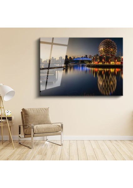 Vancouver Gece Panoraması - Işıltılı Şehir Silueti Cam Tablo