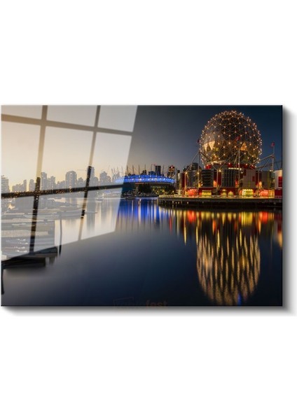 Vancouver Gece Panoraması - Işıltılı Şehir Silueti Cam Tablo