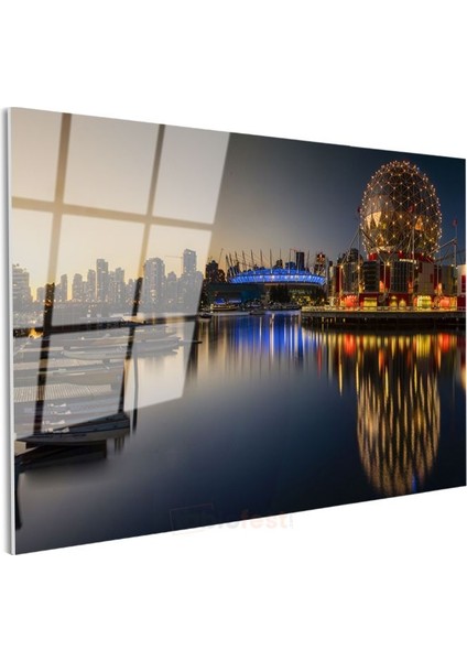 Vancouver Gece Panoraması - Işıltılı Şehir Silueti Cam Tablo