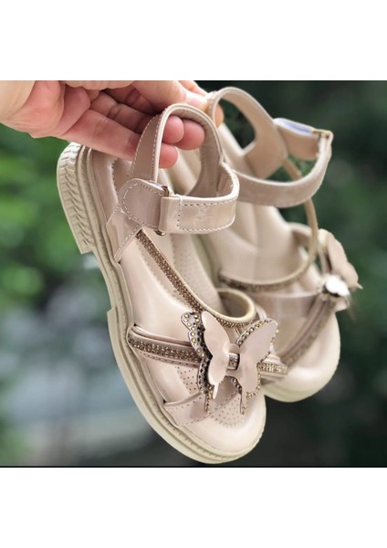 Cırtlı Kız Çocuk Sandalet Fashion Taşlı Kelebek Figürlü Kaydırmaz (Hafif) Taban Sandalet