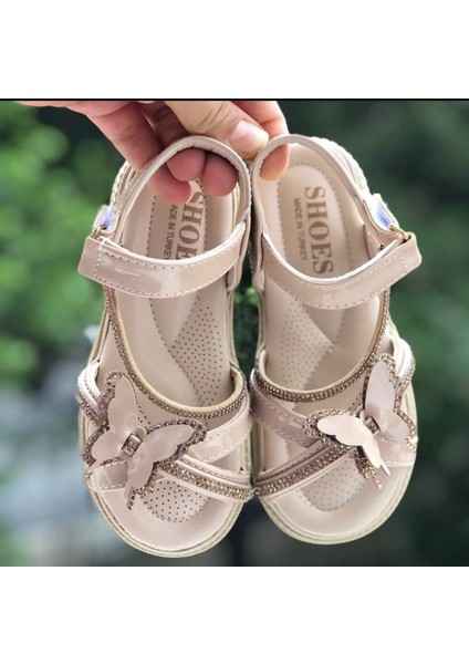 Cırtlı Kız Çocuk Sandalet Fashion Taşlı Kelebek Figürlü Kaydırmaz (Hafif) Taban Sandalet