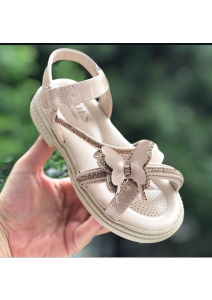 Cırtlı Kız Çocuk Sandalet Fashion Taşlı Kelebek Figürlü Kaydırmaz (Hafif) Taban Sandalet