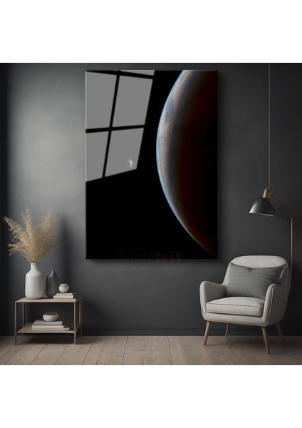 Uzay Yolculuğu - Gezegen Manzarasında Astronot Silueti Cam Tablo