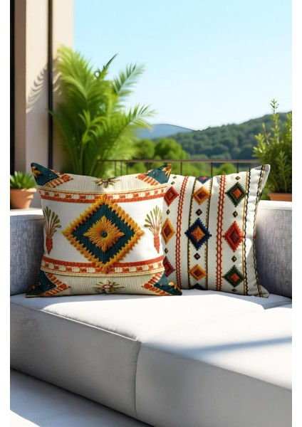 Punch Işlemeli 2’li Dekoratif Kırlent Seti – 40X40 cm | Polyester Kılıf & %100 Pamuk Dolgu