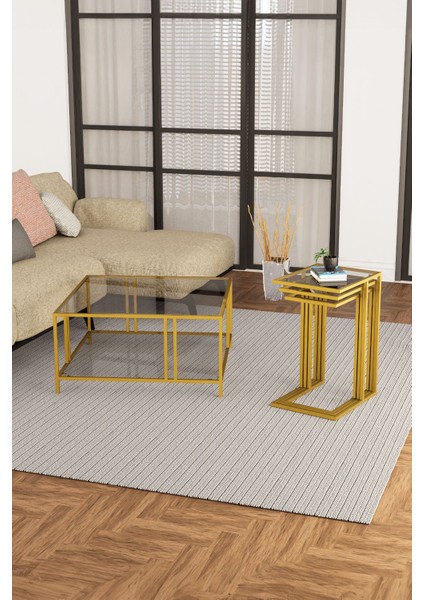 Uranüs Gold Orta Sehpa Füme Cam & Ibiza Gold Zigon Sehpa Füme Cam