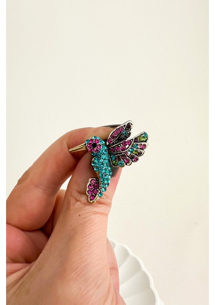 Altın Rengi Renkli Taşlı Kuş Broş (3cm)