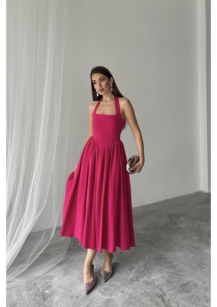 Fuşya Boyundan Bağlamalı Keten Elbise modelleri