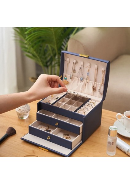 Lacivert Çok Fonksiyonlu Üç Katmanlı Takı Saklama Kutusu