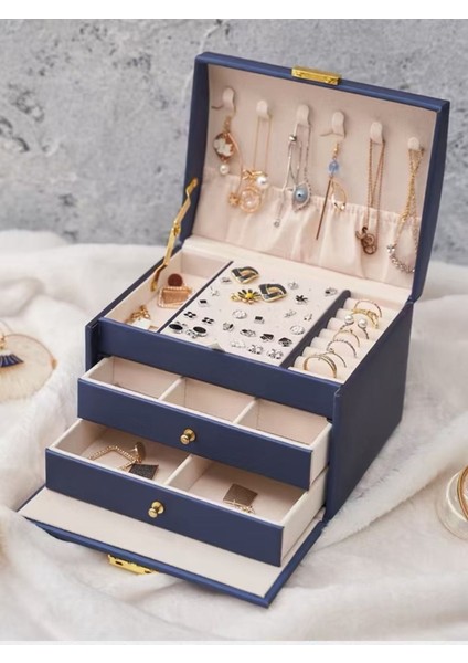 Lacivert Çok Fonksiyonlu Üç Katmanlı Takı Saklama Kutusu fiyatları
