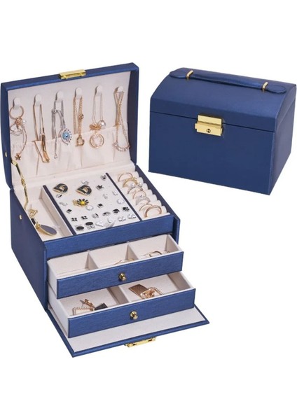 Lacivert Çok Fonksiyonlu Üç Katmanlı Takı Saklama Kutusu fırsatları