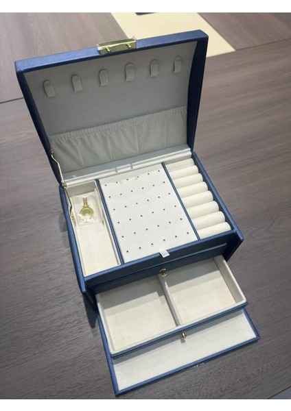 Lacivert Çok Fonksiyonlu Üç Katmanlı Takı Saklama Kutusu