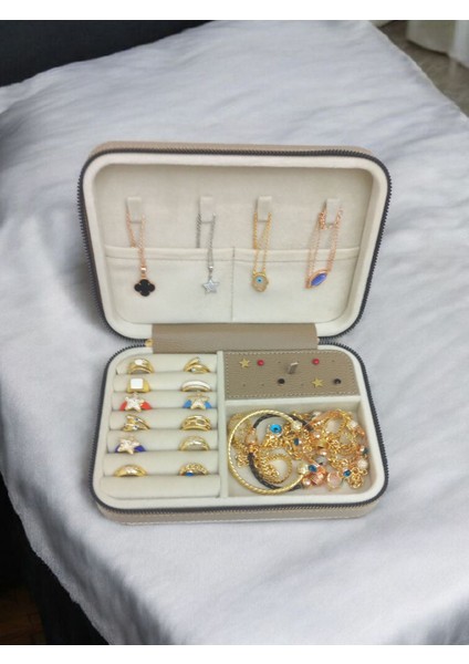 14X21 Ahşap Takı Saklama Kutusu, Seyahat Çantası, Büyük Boy, Vizon