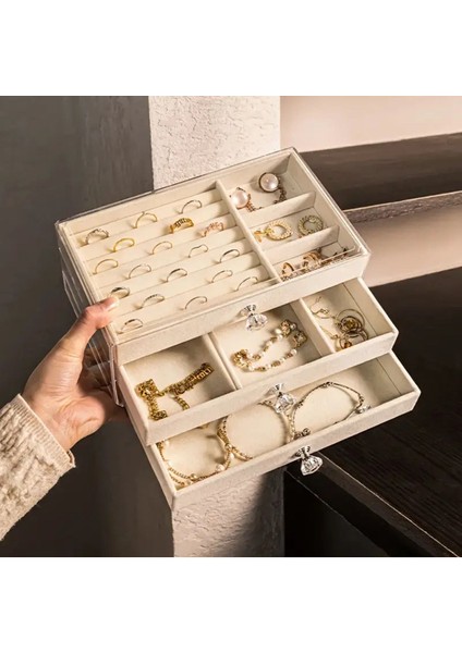 Şık Bej Büyük Boy 3 Çekmeceli Takı ve Aksesuar Organizer Kutusu