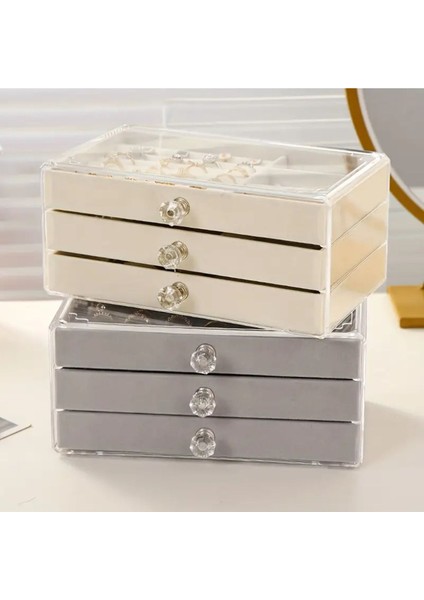 Şık Bej Büyük Boy 3 Çekmeceli Takı ve Aksesuar Organizer Kutusu