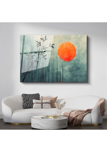 Bambu Dalları - Turuncu Güneş Eşliğinde Minimalist Tasarım Cam Tablo