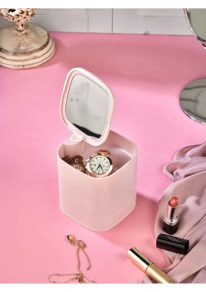 Aynalı 360° Dönen 4 Katlı Kare Takı ve Makyaj Düzenleyici Organizer, Şık ve Kullanışlı